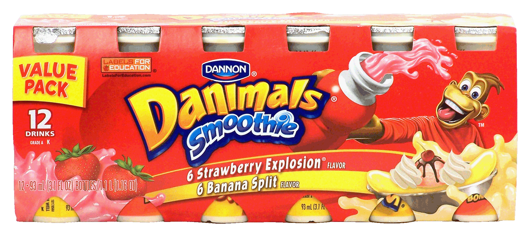 Dannon Danimals smoothie; value pack, 6 strawberry explosion, 6 banana split, 12- 3.1 fl oz bottles Full-Size Picture